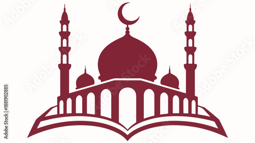 Maroon Silhouette of a Mosque Opening Like a Book on White Background Keywords: mosque, Islamic architecture, religious symbol