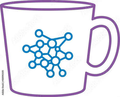 Molecular structure design on white coffee mug with purple outline and blue connections for science and chemistry concept