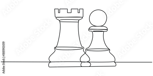 Pawn and rook chess pieces are drawn by one black line on a white background. Continuous line drawing. Vector illustration.