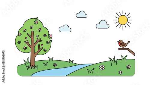 Simple Cartoon Tree Bird Landscape Scene.