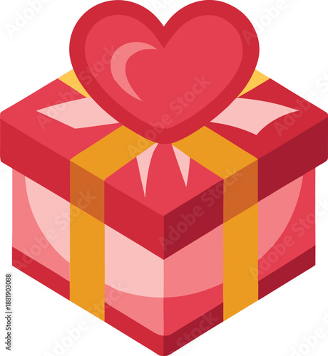 Red Gift Box with Heart on Top Isolated on White