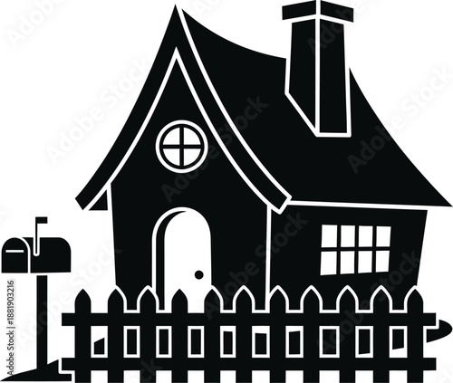 A black and white illustration of a cozy house with a picket fence and mailbox