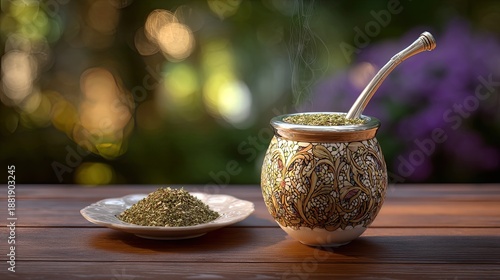 Decorative mate cup with traditional straw, surrounded by loose yerba mate and blurred foliage background