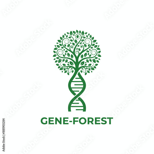 A DNA helix merged with a lush leafy tree icon for genetic research or biotechnology branding projects with the text Gene-Forest at bottom.