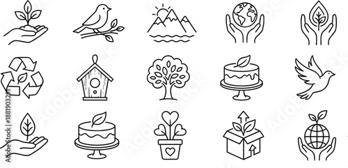 Nature, sustainability, eco-friendly icons, celebration symbols, bird, tree, globe, leaf, recycling, cake, flower pot, environment, growth, green living, wildlife, care, planet, clean, peace, hope