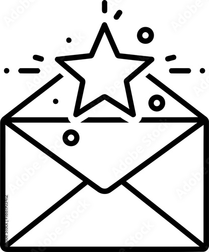 Open envelope with shining star and sparkles. Achievement notification or favorite message concept. Minimalist line art vector icon