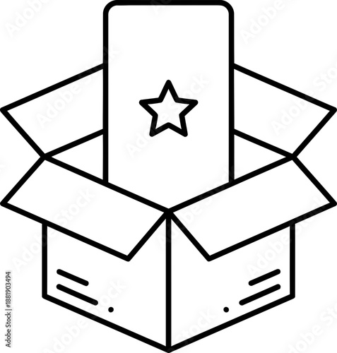 Smartphone with star in open cardboard box. New gadget unpacking concept. Outline style vector illustration for app, web design