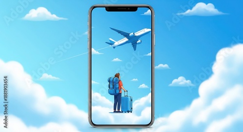 Digital Nomad's Journey: A traveler with a backpack and luggage stands, gazing up at an airplane soaring through the sky, a symbol of freedom, travel, and the digital nomad lifestyle.