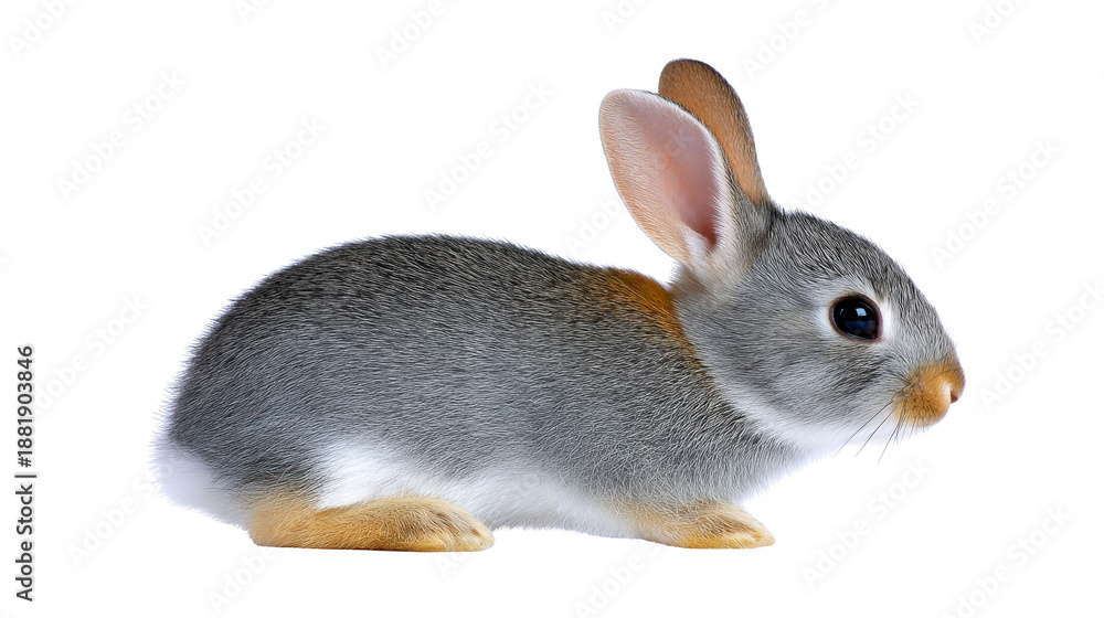 Naklejka premium Young gray rabbit with white and brown fur, large ears, and dark eyes sitting on transparency background, expressing calm and gentle mood
