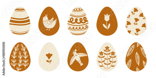 Easter egg set with various ornaments, birds and flowers. Paschal symbols and  spring holiday elements. Vector flat illustration isolated on white background.