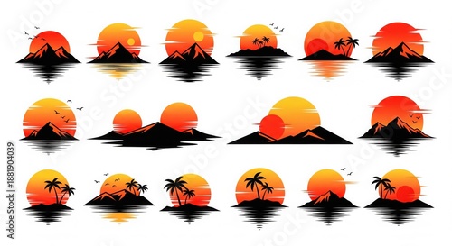 Sunset Silhouette Collection: A captivating collection of sunset silhouettes, showcasing diverse landscapes. Each design portrays the natural beauty.