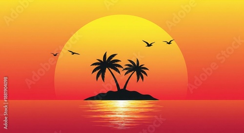 Sunset Paradise: A tranquil sunset silhouette over a tropical island, evoking a sense of serenity. Featuring the sun and sea with palm tree, as bird flying on the sky, with reflection on the sea. 