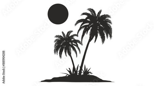 Silhouette of two palm trees and a dark circle on a white background Keywords: palm trees, silhouette, tropical, island, beach
