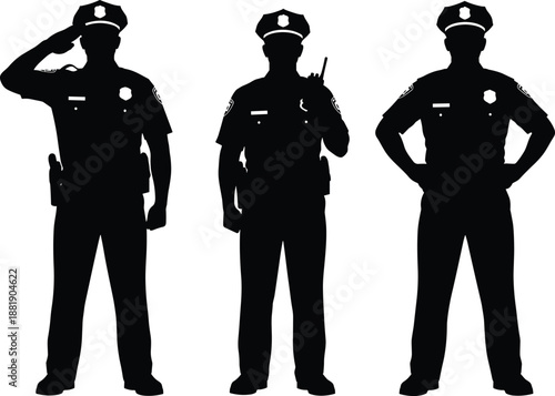 Black silhouette collection of male police officers in uniform saluting using a radio and standing on guard isolated on a white background for law enforcement