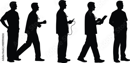 Black silhouette collection of male medical professionals or nurses in scrubs walking and standing with stethoscopes and clipboards isolated on a white background
