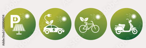 Set of icons for green transportation and renewable energy solar parking, electric car charging, bicycle, and electric scooter, inside green circles
