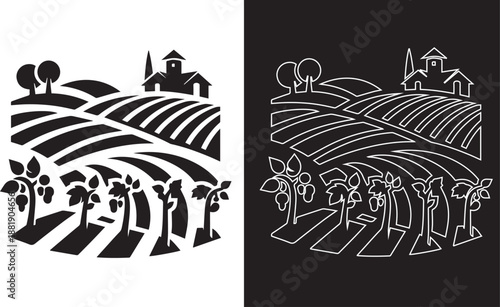 Vineyard landscape with house and trees in circular frame  agriculture scenery silhouette vector.
