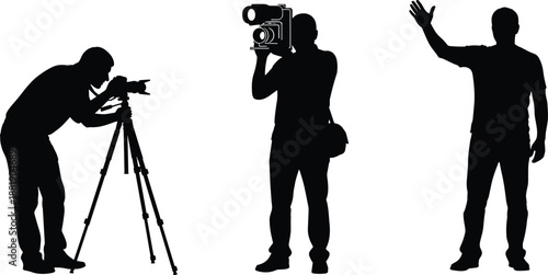 Black silhouette collection of professional photographers and videographers using cameras on tripods and shoulder rigs isolated on a white background for media production