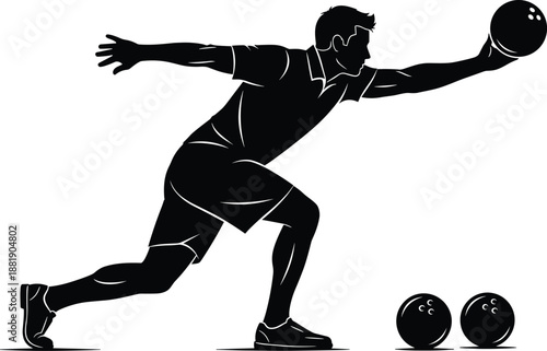 Black silhouette of a male bowling player in a dynamic throwing pose holding a ball with spare balls isolated on a white background