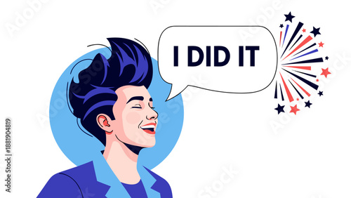 Excited Man Celebrating Success with 'I Did It' Speech Bubble Vector Illustration