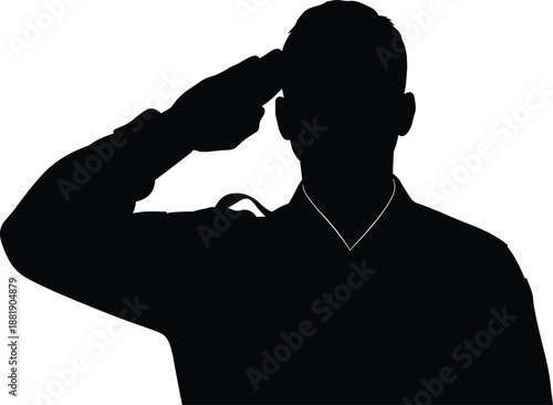 Black silhouette of a male soldier in uniform saluting with respect and honor isolated on a white background for military and patriotic conceptual designs