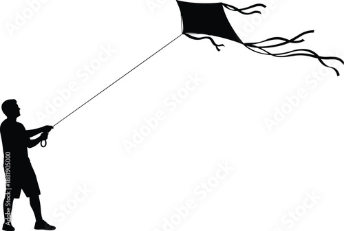 Black silhouette of a man flying a large diamond kite with long tails on a windy day isolated on a white background for summer fun