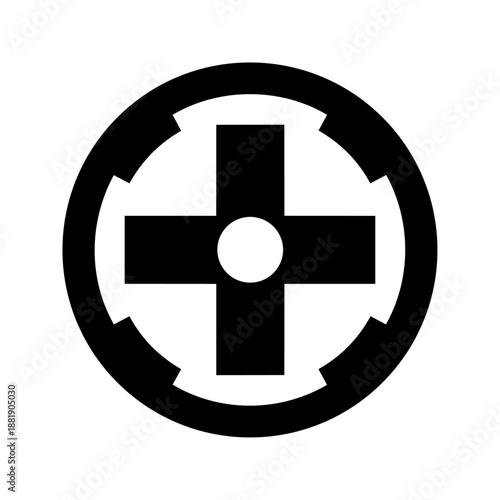 Circular cross symbol representing medical services, health care support, and emergency assistance.
