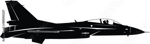 Black silhouette of modern fighter jet aircraft side view illustration representing military aviation, defense technology, air force power isolated on white background