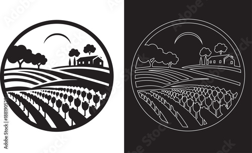 Vineyard landscape with house and trees in circular frame  agriculture scenery silhouette vector.
