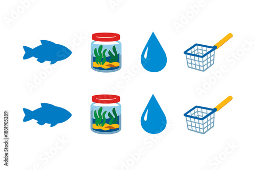 Visual sequence showing fish in containers water drops and net with
