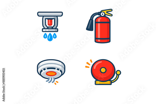 Safety equipment symbols including fire extinguisher sprinkler alarm