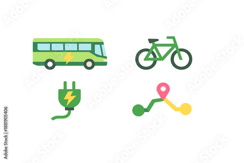 Electric bus and bicycle icons showing sustainable transport options