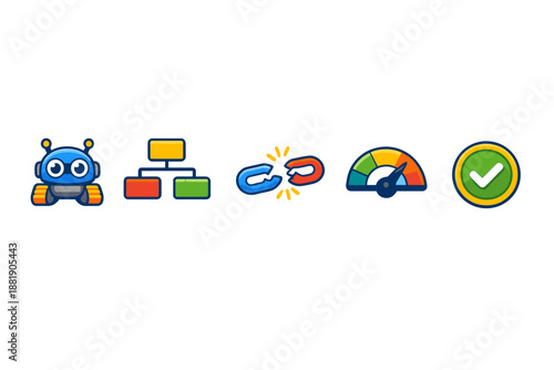 Robot character and icons representing tasks such as linking checking