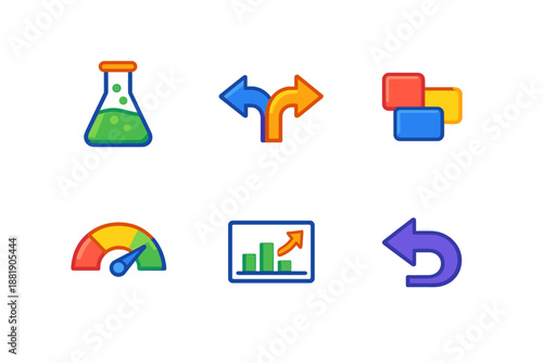 Icons showing science decision making data presentation and change in