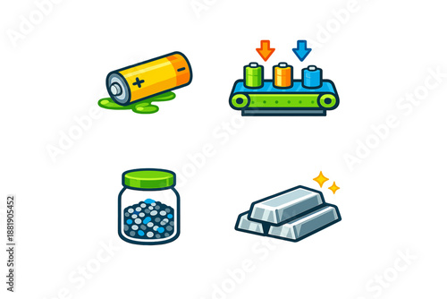 Illustration of battery production machine jar with pellets and metal