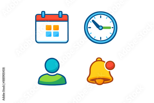 Icons representing calendar clock user profile and notification bell