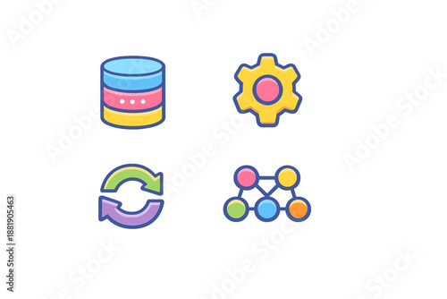 Illustration of data concepts including database gear refresh symbol