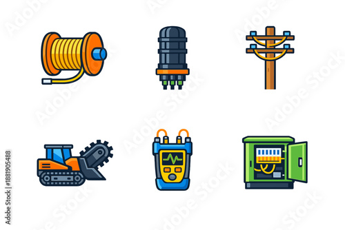 Equipment and tools used in electrical work and construction shown in