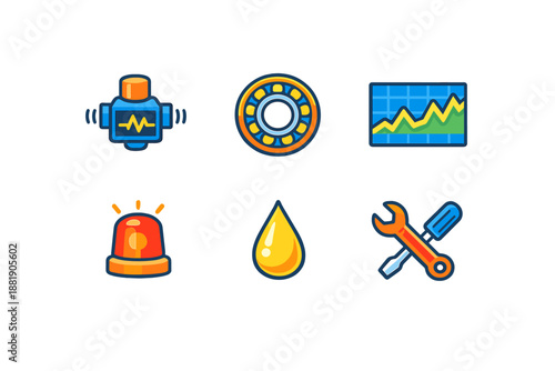 Icons showing different machinery and tools for maintenance and