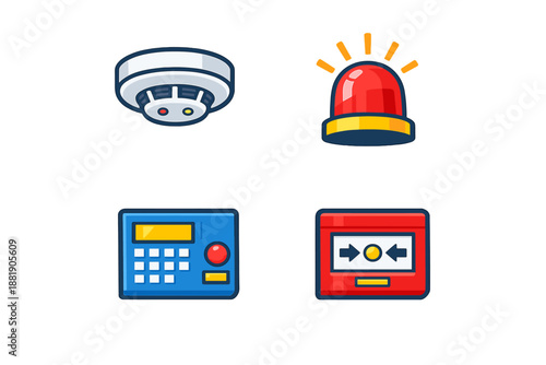 Images show fire alarm emergency light control panel and alarm system