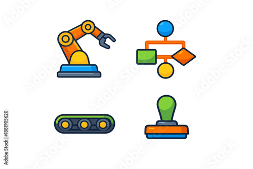 Robotic arm conveyor belt flowchart symbols and stamp graphic design