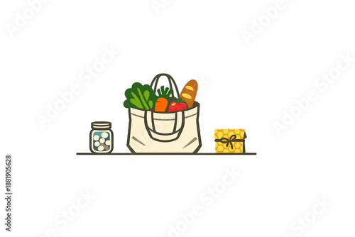 Grocery bag with vegetables and items on a table at home during the