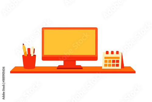 Workspace with computer calendar and stationery on orange desk during