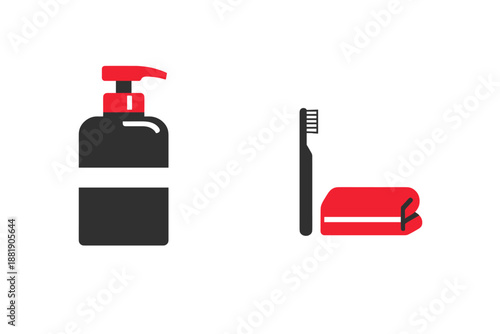 Hand soap and toothbrush placed next to a towel on a plain background