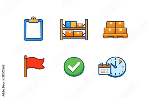 Checklist and storage icons for inventory management in a warehouse