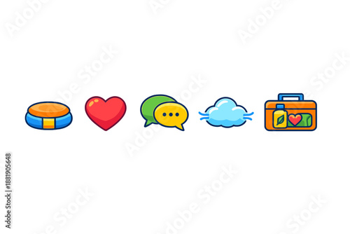 Colorful symbols showing a round object heart speech bubble cloud and