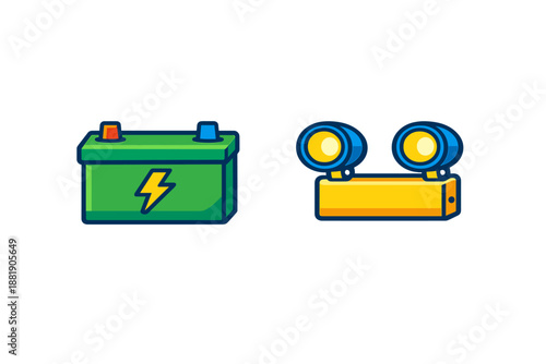 Battery and alarm lights design with simple shapes and bright colors