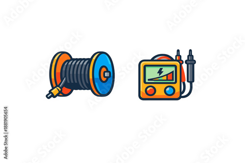 Electric wire spool and multimeter on white background for electrical