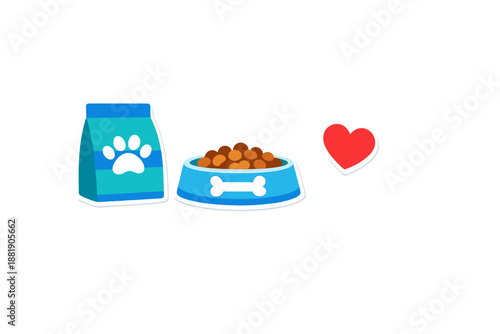 Dog food and bowl with a heart symbol showing care for pets and