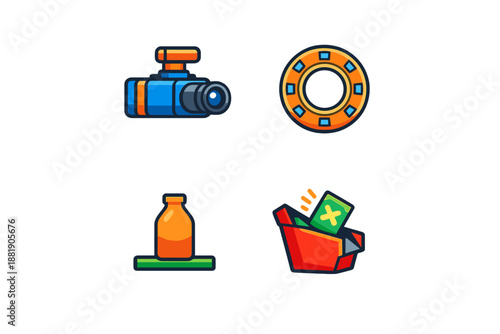 Different icons showing a camera a ring a bottle of juice and a basket